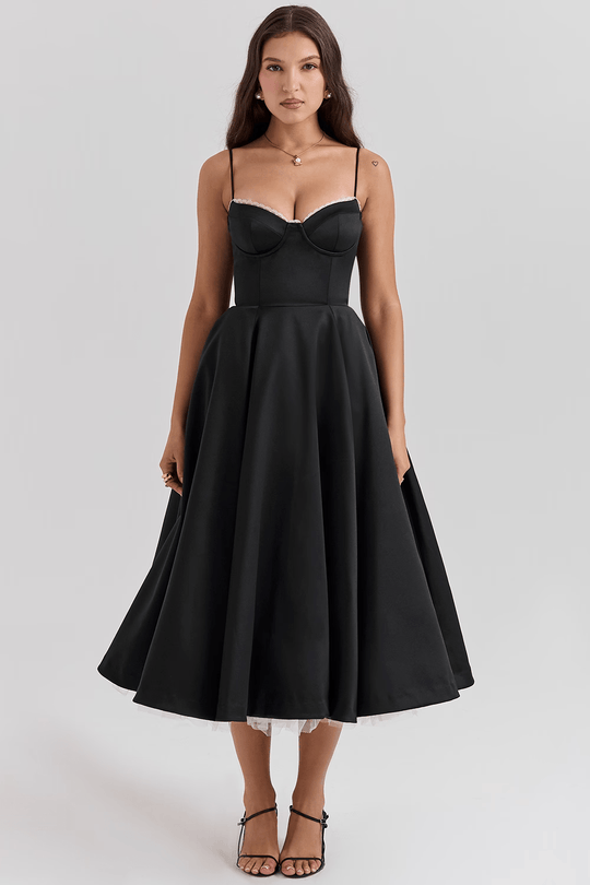Elegante Midi Zomerjurk Dames van Satijn met Spaghetti Bandjes en Kant Details - ZovaFashion - Midi Jurken