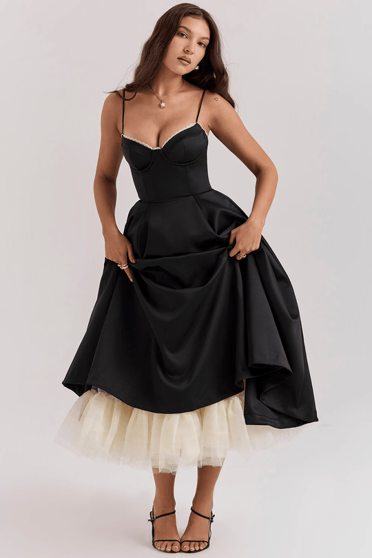 Elegante Midi Zomerjurk Dames van Satijn met Spaghetti Bandjes en Kant Details - ZovaFashion - Midi Jurken
