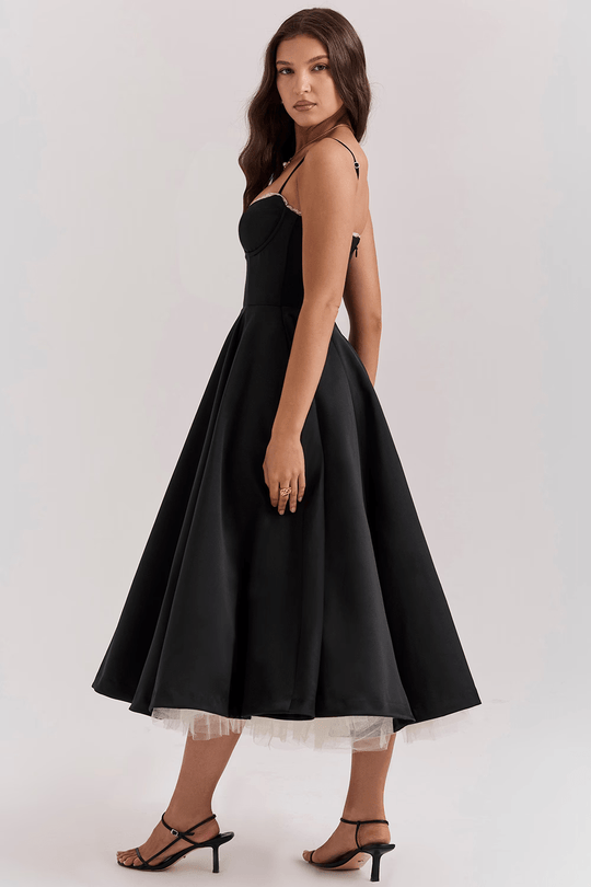 Elegante Midi Zomerjurk Dames van Satijn met Spaghetti Bandjes en Kant Details - ZovaFashion - Midi Jurken