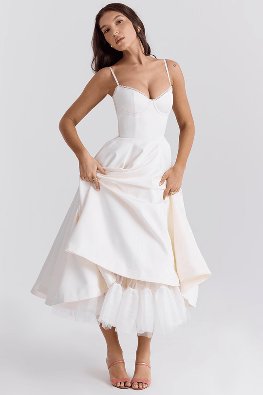Elegante Midi Zomerjurk Dames van Satijn met Spaghetti Bandjes en Kant Details - ZovaFashion - Midi Jurken