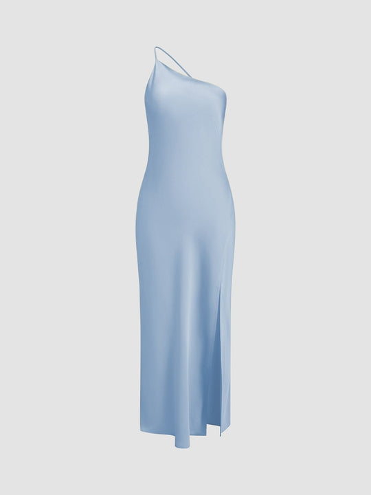 Elegante Satin Maxi Zomerjurk Dames met One - Shoulder en Hoge Split - ZovaFashion - Maxi Jurk