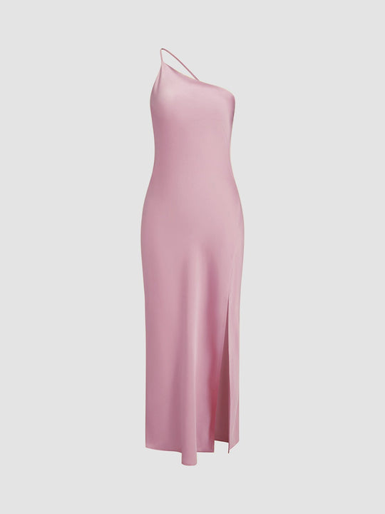 Elegante Satin Maxi Zomerjurk Dames met One - Shoulder en Hoge Split - ZovaFashion - Maxi Jurk