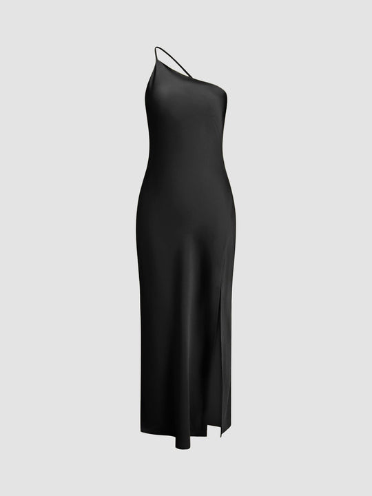 Elegante Satin Maxi Zomerjurk Dames met One - Shoulder en Hoge Split - ZovaFashion - Maxi Jurk