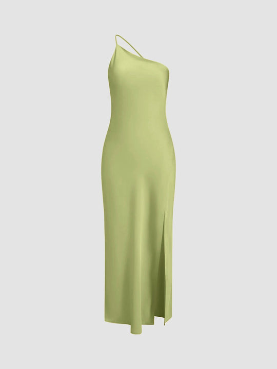Elegante Satin Maxi Zomerjurk Dames met One - Shoulder en Hoge Split - ZovaFashion - Maxi Jurk