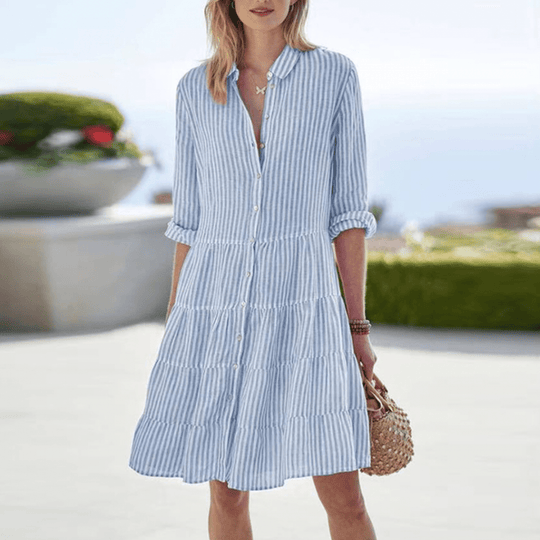 Emilia Midi Zomerjurk Dames van Katoen met A - lijn en Gestreept Patroon - ZovaFashion - Midi Jurk