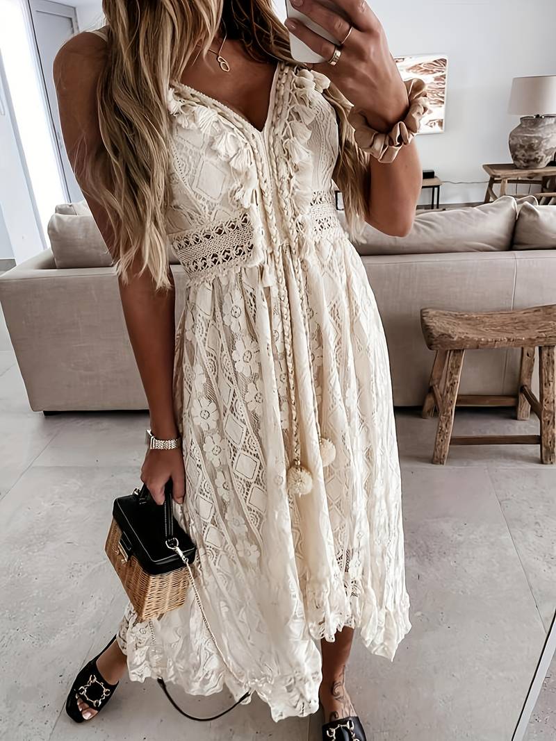 Emma's Boho Maxi Zomerjurk Dames van Katoen met Spaghetti Bandjes en V - Hals - ZovaFashion - Maxi Jurk