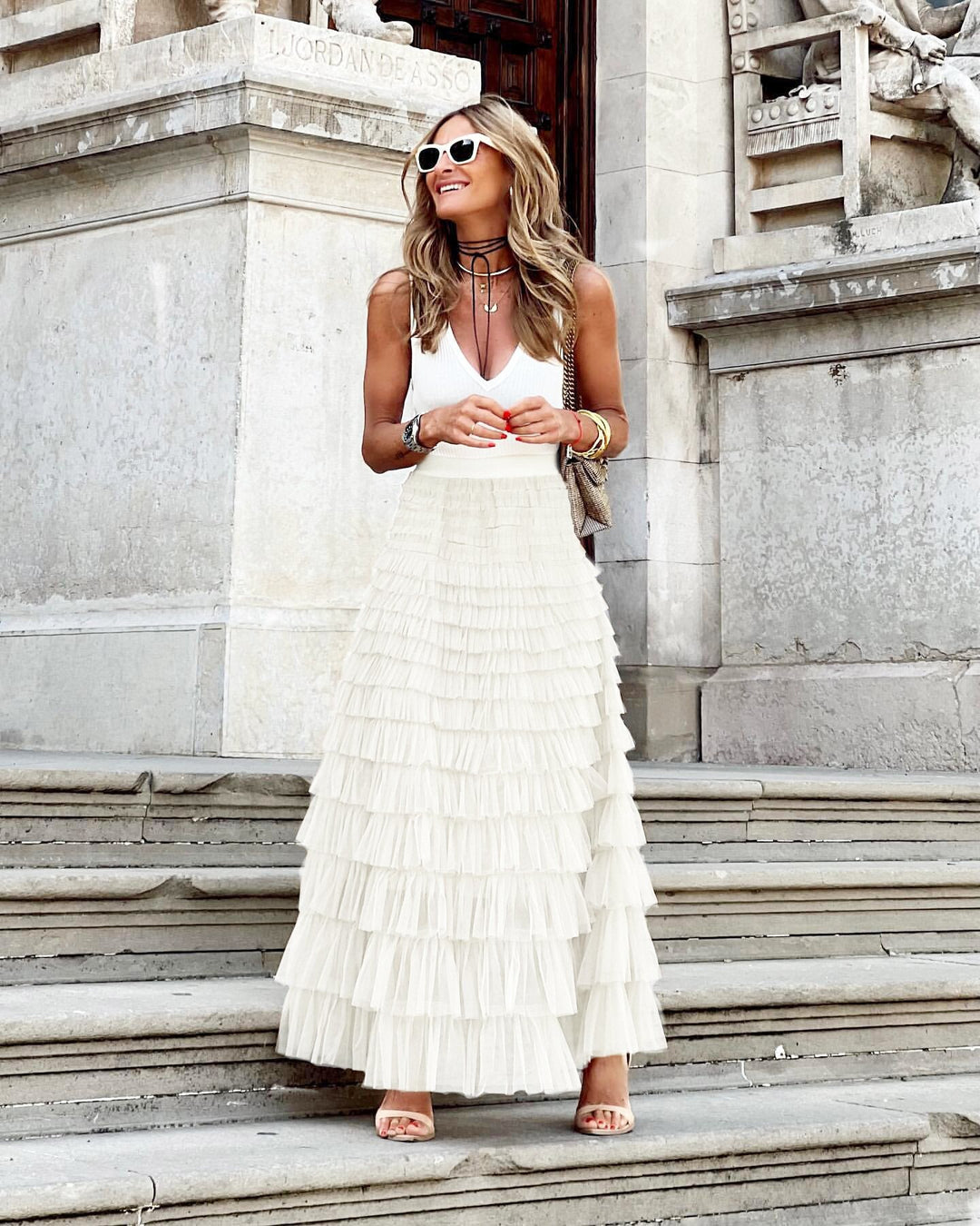 Enice Maxi Zomerrok Dames - Gelaagde Maxi rok met Ruches en Elastische Tailleband - Zova - Fashion