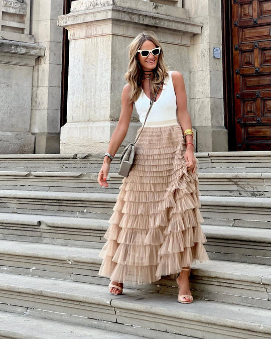 Enice Maxi Zomerrok Dames - Gelaagde Maxi rok met Ruches en Elastische Tailleband - Zova - Fashion