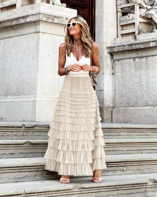 Enice Maxi Zomerrok Dames - Gelaagde Maxi rok met Ruches en Elastische Tailleband - Zova - Fashion