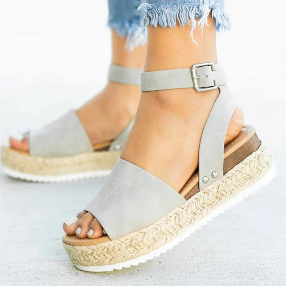 Espadrille Sandalen Dames van Imitatieleer met Verstelbare Enkelband en Plateauzool - ZovaFashion - Sandalen Dames