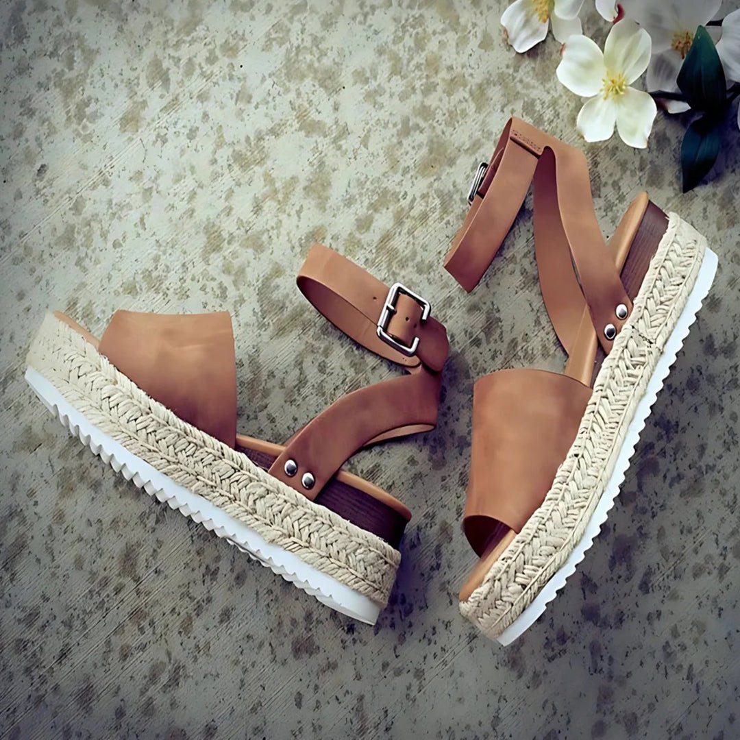 Espadrille Sandalen Dames van Imitatieleer met Verstelbare Enkelband en Plateauzool - ZovaFashion - Sandalen Dames