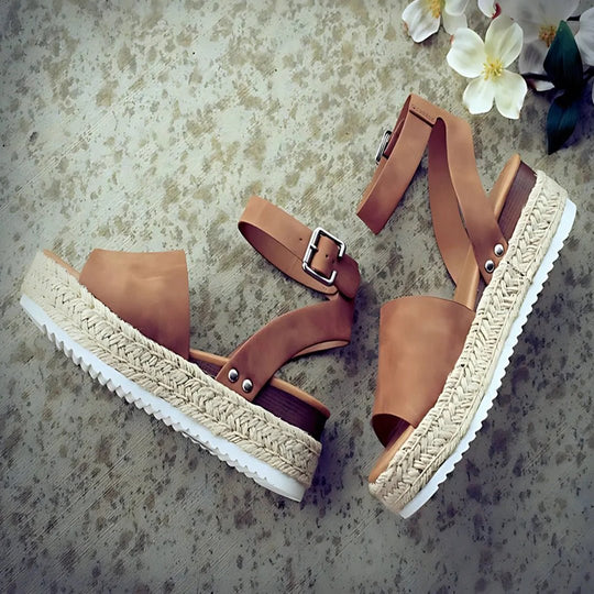 Espadrille Sandalen Dames van Imitatieleer met Verstelbare Enkelband en Plateauzool - ZovaFashion - Sandalen Dames