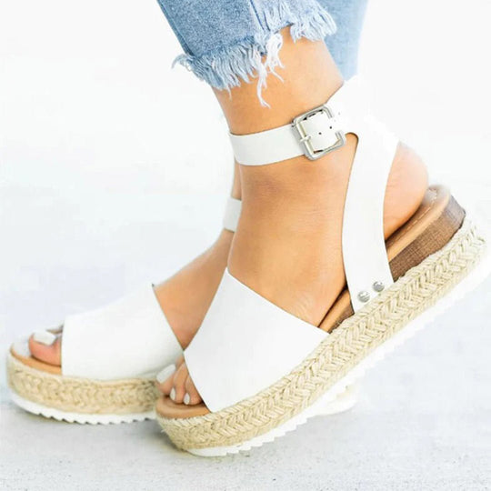 Espadrille Sandalen Dames van Imitatieleer met Verstelbare Enkelband en Plateauzool - ZovaFashion - Sandalen Dames