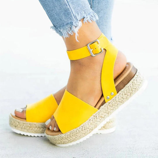 Espadrille Sandalen Dames van Imitatieleer met Verstelbare Enkelband en Plateauzool - ZovaFashion - Sandalen Dames