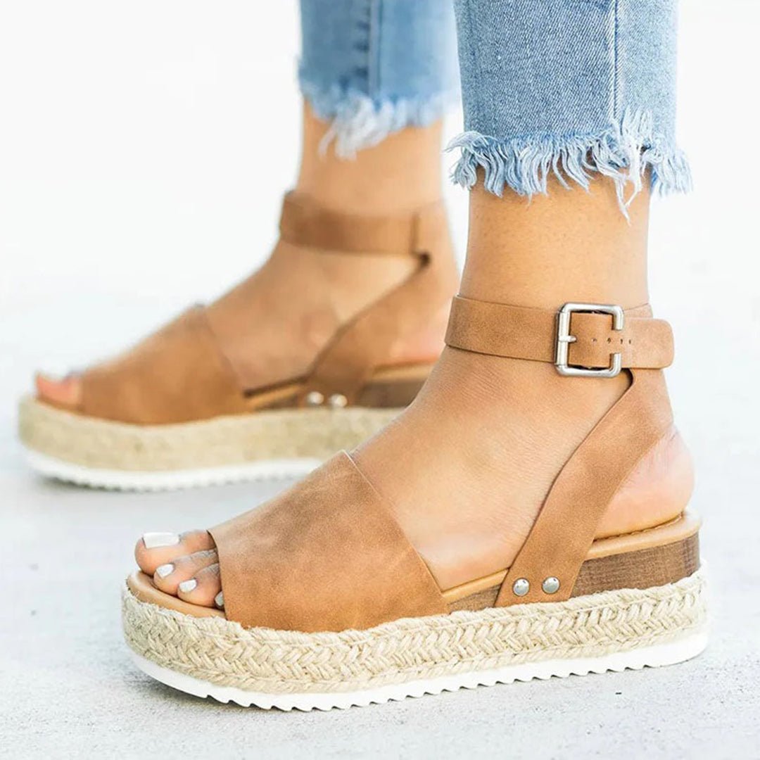 Espadrille Sandalen Dames van Imitatieleer met Verstelbare Enkelband en Plateauzool - ZovaFashion - Sandalen Dames