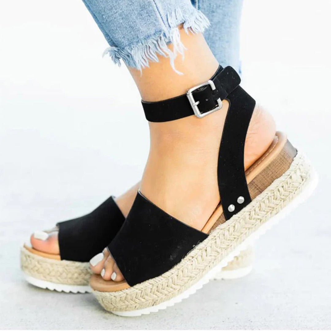 Espadrille Sandalen Dames van Imitatieleer met Verstelbare Enkelband en Plateauzool - ZovaFashion - Sandalen Dames