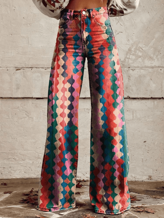 Flared Broek Dames in Polyester - Spandex met Geometrisch Patroon en Wijde Pijpen - ZovaFashion - Lange Broek Dames