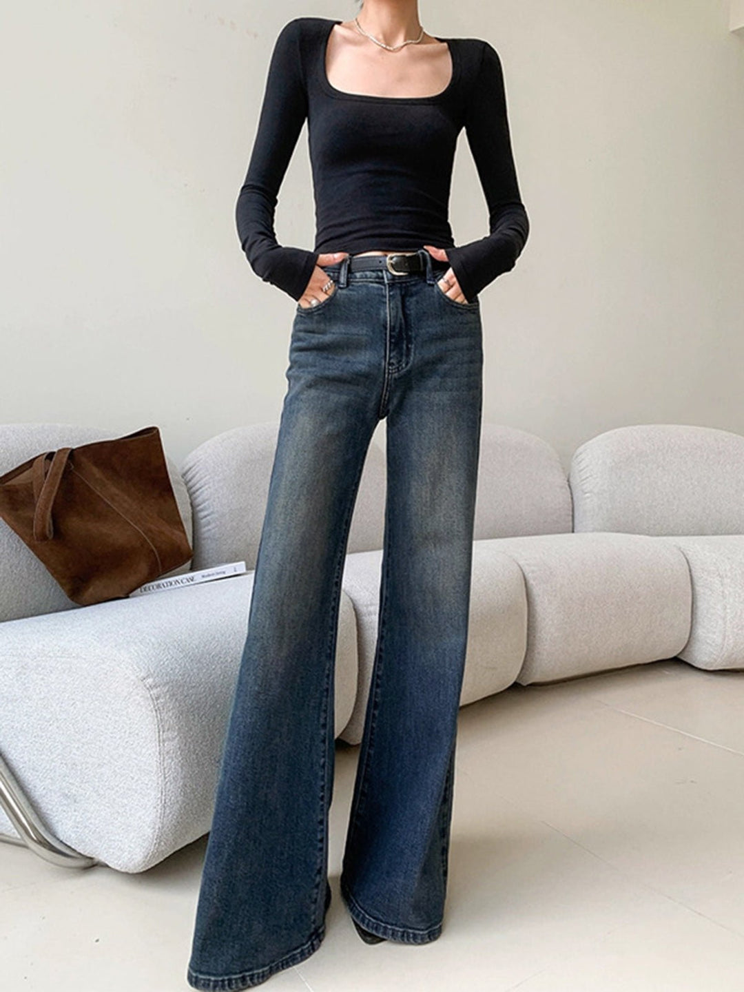 Flared Broek Dames in Vintage Denim met Hoge Taille en Wijde Pijpen - ZovaFashion - Lange Broek Dames
