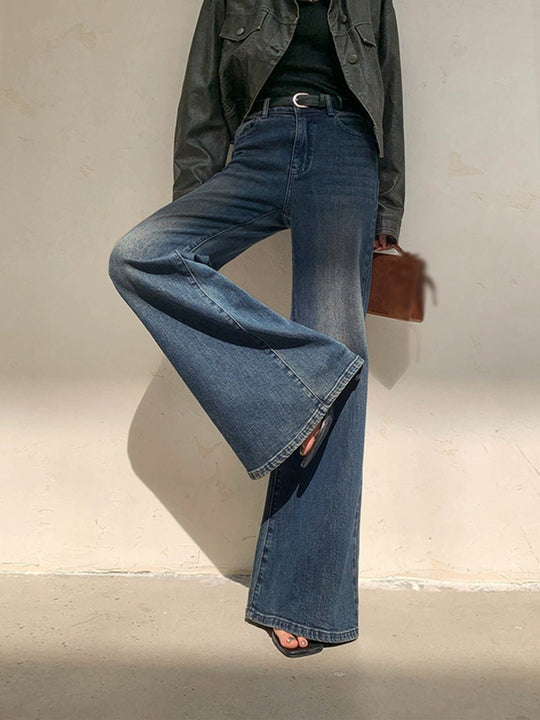 Flared Broek Dames in Vintage Denim met Hoge Taille en Wijde Pijpen - ZovaFashion - Lange Broek Dames