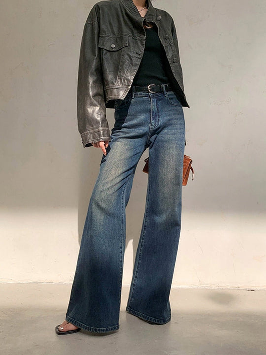 Flared Broek Dames in Vintage Wash Denim met Hoge Taille en Wijde Pijpen - ZovaFashion - Lange Broek Dames