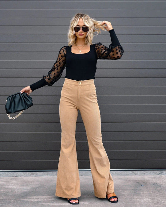 Flared Broek Dames van Duurzaam Stretchmateriaal met Curved Fit en Retro Flare - ZovaFashion - Lange Broek Dames