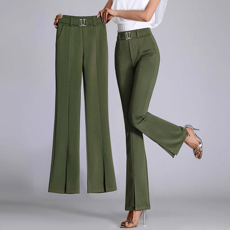 Flared Broek Dames van Geweven Stof met Hoge Taille en Voor Slits - ZovaFashion - Lange Broek Dames