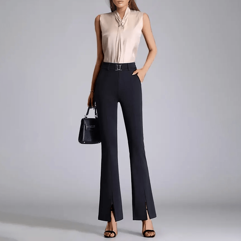 Flared Broek Dames van Geweven Stof met Hoge Taille en Voor Slits - ZovaFashion - Lange Broek Dames