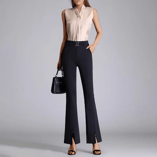 Flared Broek Dames van Geweven Stof met Hoge Taille en Voor Slits - ZovaFashion - Lange Broek Dames