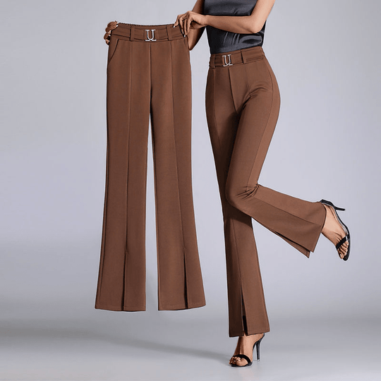 Flared Broek Dames van Geweven Stof met Hoge Taille en Voor Slits - ZovaFashion - Lange Broek Dames