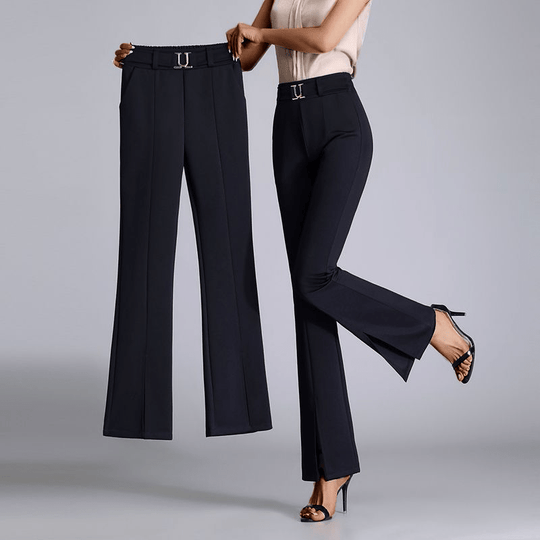 Flared Broek Dames van Geweven Stof met Hoge Taille en Voor Slits - ZovaFashion - Lange Broek Dames