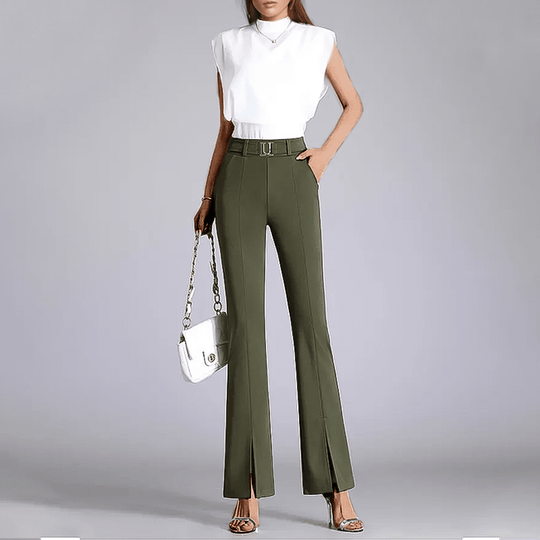 Flared Broek Dames van Geweven Stof met Hoge Taille en Voor Slits - ZovaFashion - Lange Broek Dames