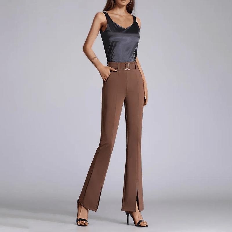 Flared Broek Dames van Geweven Stof met Hoge Taille en Voor Slits - ZovaFashion - Lange Broek Dames
