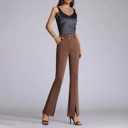 Flared Broek Dames van Geweven Stof met Hoge Taille en Voor Slits - ZovaFashion - Lange Broek Dames