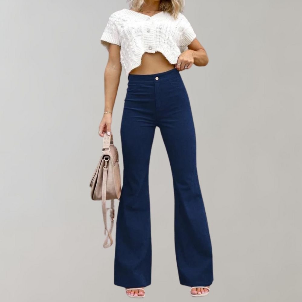 Flared Broek Dames van Katoenmix met Hoge Taille en Wijde Pijpen - ZovaFashion - Lange Broek Dames