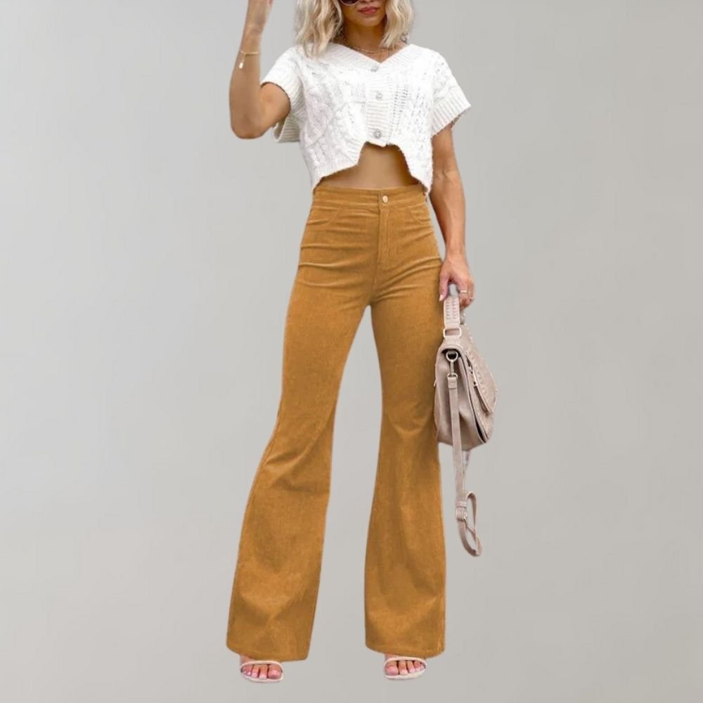 Flared Broek Dames van Katoenmix met Hoge Taille en Wijde Pijpen - ZovaFashion - Lange Broek Dames