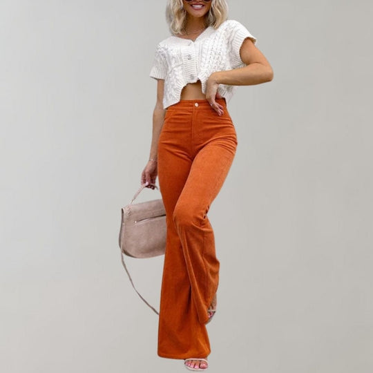 Flared Broek Dames van Katoenmix met Hoge Taille en Wijde Pijpen - ZovaFashion - Lange Broek Dames
