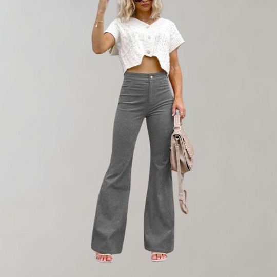 Flared Broek Dames van Katoenmix met Hoge Taille en Wijde Pijpen - ZovaFashion - Lange Broek Dames