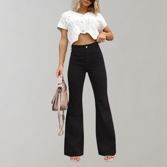 Flared Broek Dames van Katoenmix met Hoge Taille en Wijde Pijpen - ZovaFashion - Lange Broek Dames