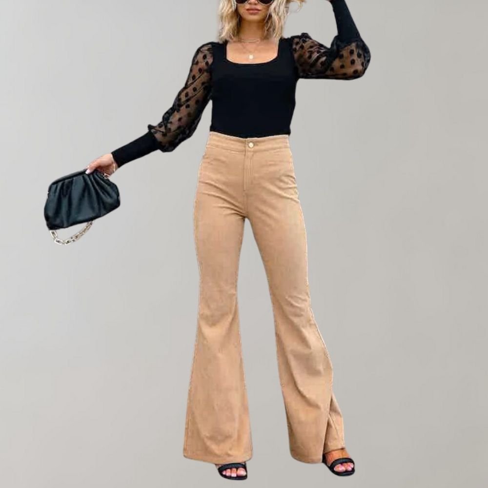 Flared Broek Dames van Katoenmix met Hoge Taille en Wijde Pijpen - ZovaFashion - Lange Broek Dames