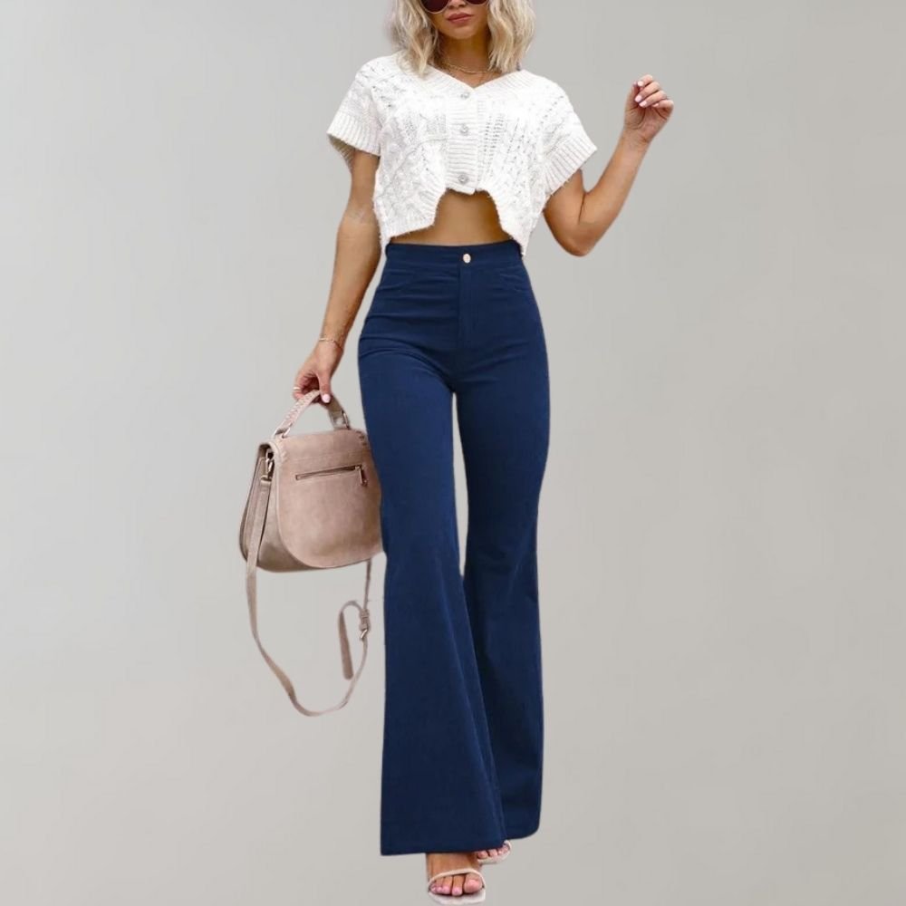 Flared Broek Dames van Katoenmix met Hoge Taille en Wijde Pijpen - ZovaFashion - Lange Broek Dames