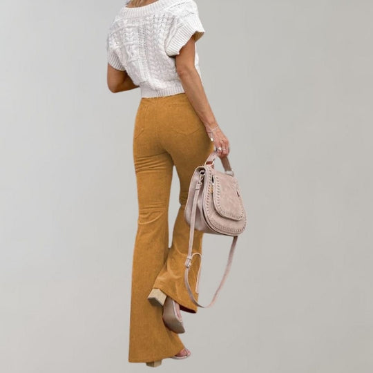 Flared Broek Dames van Katoenmix met Hoge Taille en Wijde Pijpen - ZovaFashion - Lange Broek Dames