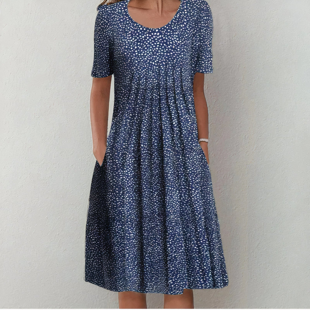 Floral Cotton Blend Midi Zomerjurk Dames met A - Lijn en Zakken - Korte Mouw - ZovaFashion - Midi Jurken