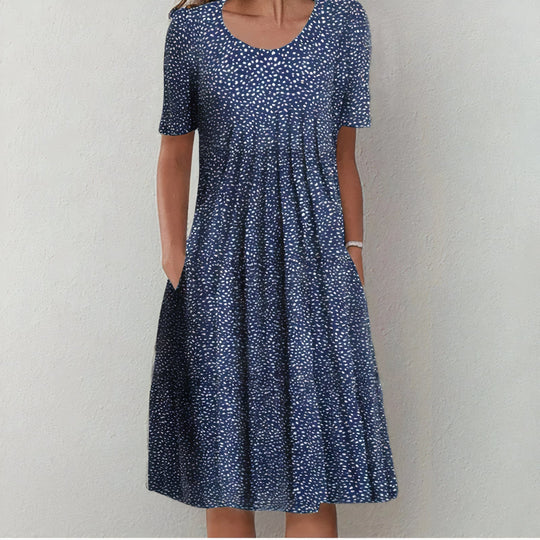 Floral Cotton Blend Midi Zomerjurk Dames met A - Lijn en Zakken - Korte Mouw - ZovaFashion - Midi Jurken
