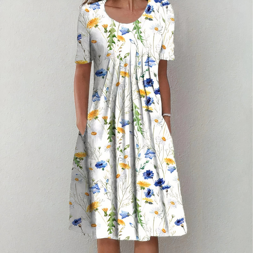 Floral Cotton Blend Midi Zomerjurk Dames met A - Lijn en Zakken - Korte Mouw - ZovaFashion - Midi Jurken