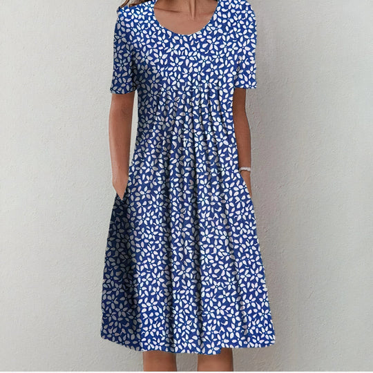 Floral Cotton Blend Midi Zomerjurk Dames met A - Lijn en Zakken - Korte Mouw - ZovaFashion - Midi Jurken
