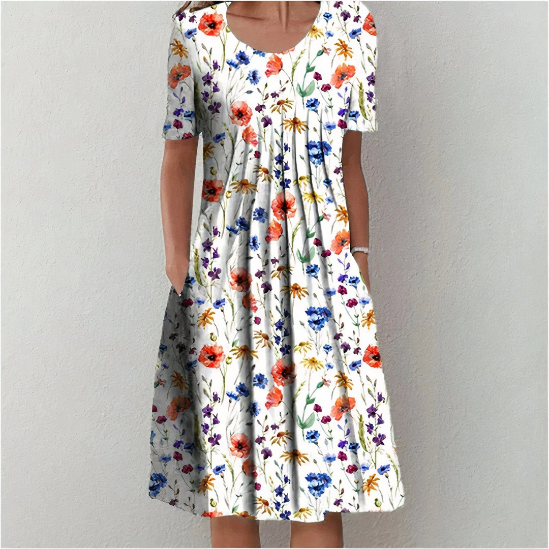 Floral Cotton Blend Midi Zomerjurk Dames met A - Lijn en Zakken - Korte Mouw - ZovaFashion - Midi Jurken