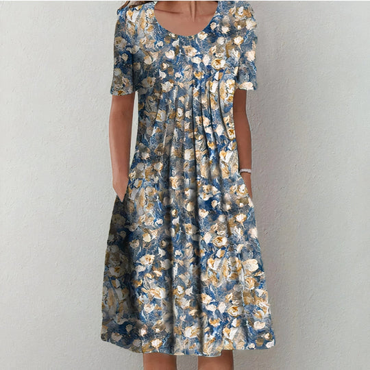 Floral Cotton Blend Midi Zomerjurk Dames met A - Lijn en Zakken - Korte Mouw - ZovaFashion - Midi Jurken