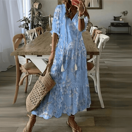 Floral Maxi Zomerjurk Dames met Katoenen V - Hals en Relaxed Fit Design - ZovaFashion - Maxi Jurk