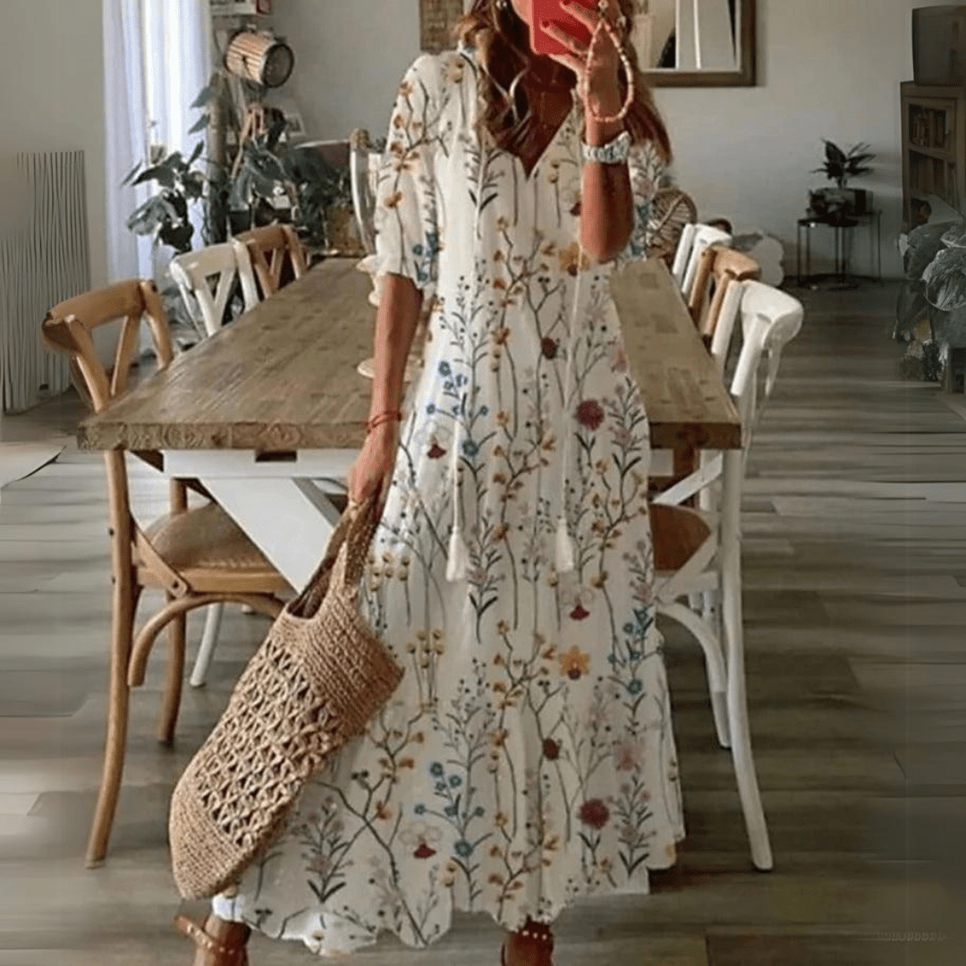 Floral Maxi Zomerjurk Dames met Katoenen V - Hals en Relaxed Fit Design - ZovaFashion - Maxi Jurk
