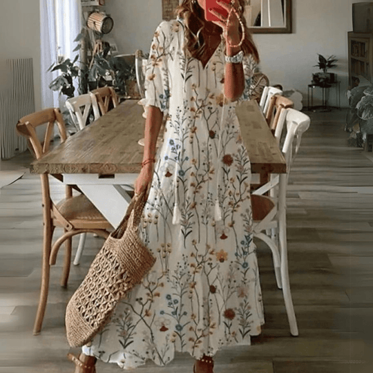 Floral Maxi Zomerjurk Dames met Katoenen V - Hals en Relaxed Fit Design - ZovaFashion - Maxi Jurk